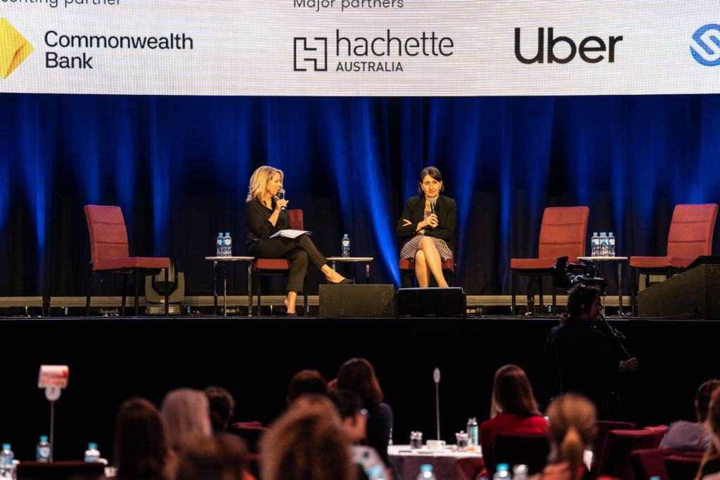 Future Women founder Helen McCabe and NSW Premier Gladys Berejiklian on the main stage at the Future Women Leadership Summit.