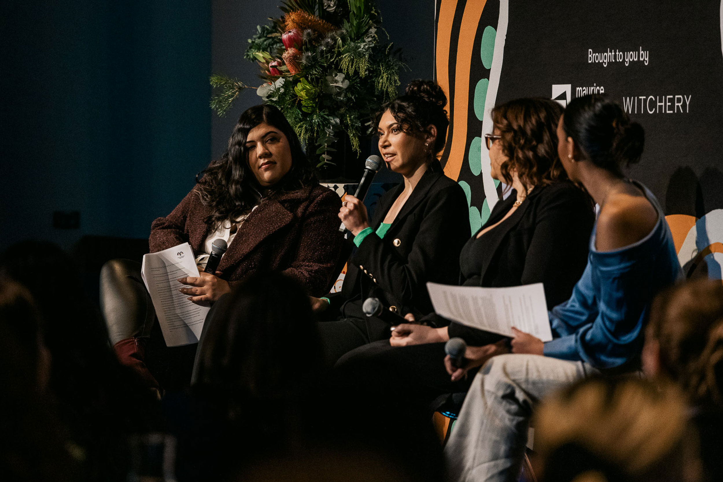 Filmmaker Kimberley Benjamin speaks about an increased interest in First Nations storytelling at Future Women's NAIDOC Breakfast Panel. Left, Nerita Waight, right, Tanya Hosch and Madison Howarth.
