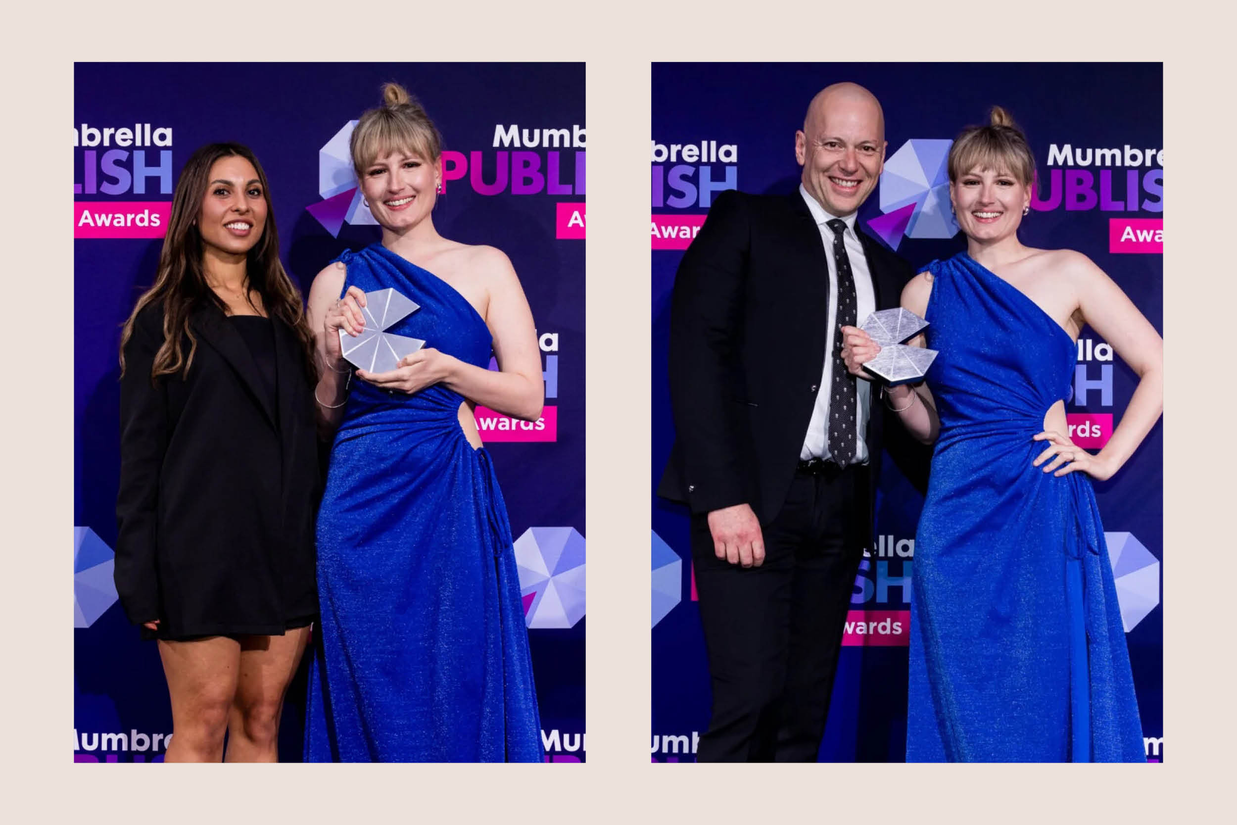 Sally Spicer wearing a long blue dress is holding two awards, the first one is Best Podcast (Single Episode) and the second is Journalist of the Year – Small/Large. Sally Spicer is accompanied by two Mumbrella staff members one male and one female. 