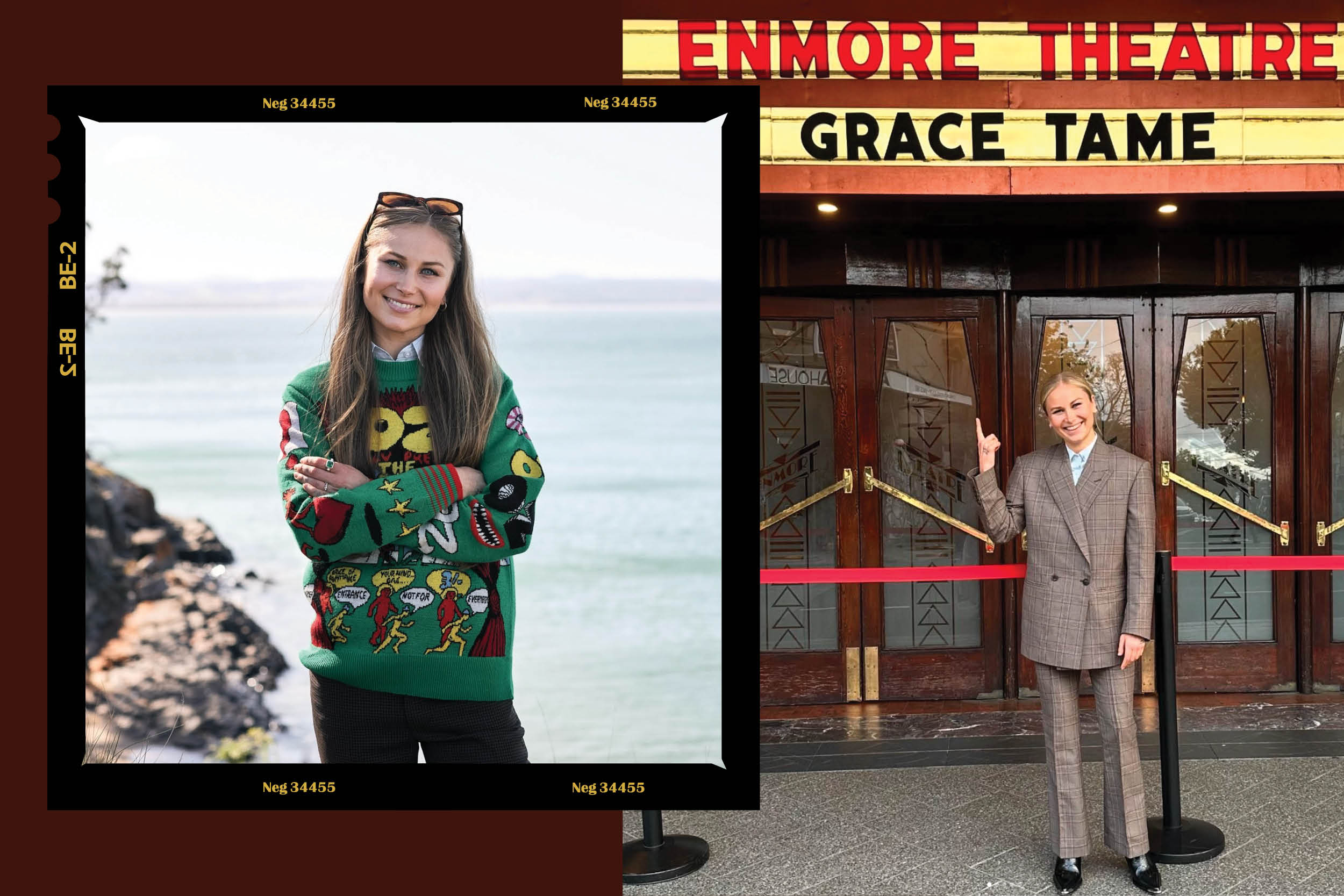 Grace tame pictured on the left wearing a green jumper in with an ocean background. Right hand side Grace Tame is wearing a suit outside the Enmore Theatre which has her name on it.