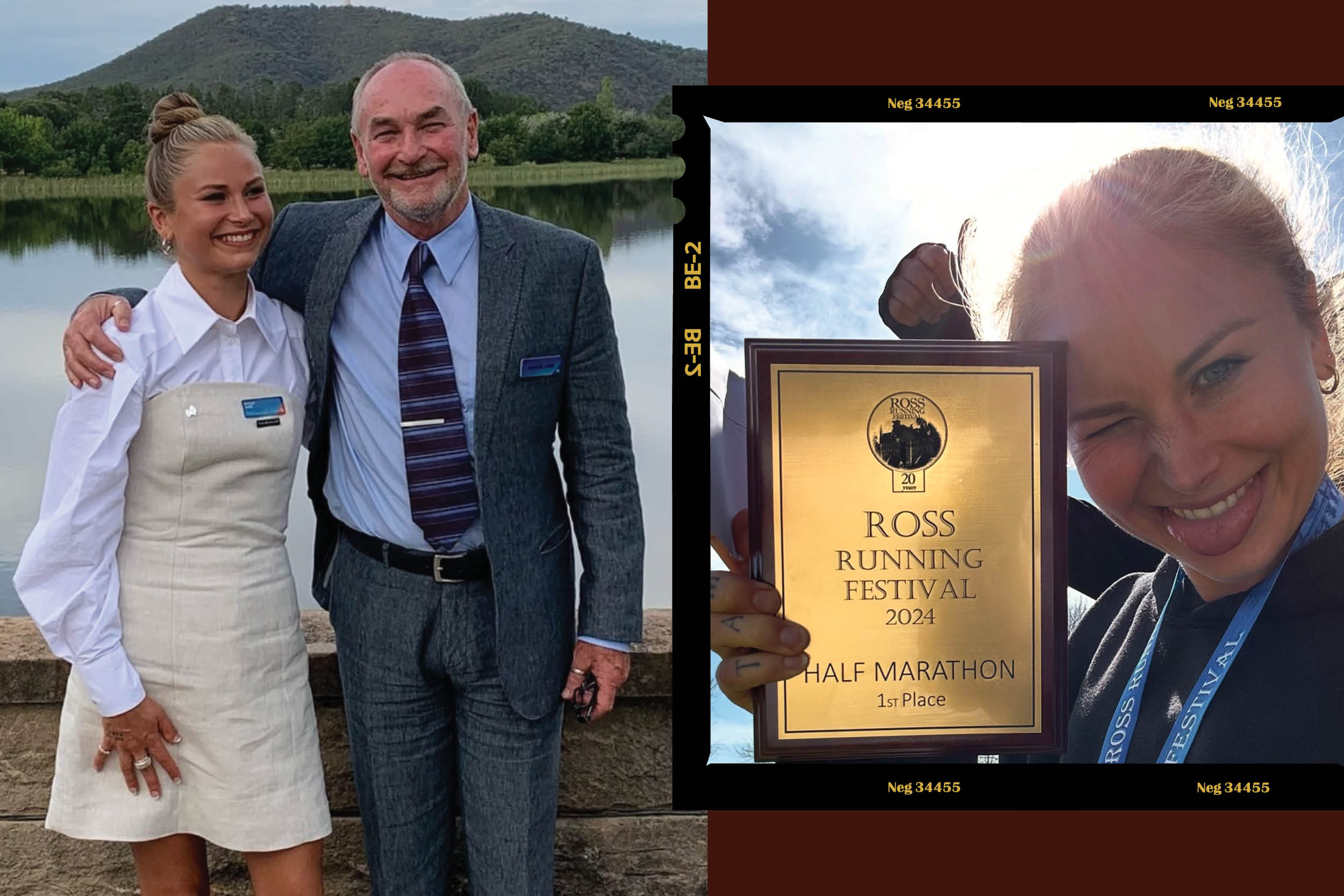 On the left Grace Tame standing with her father in front of a lake with a mountain in the background. Right hand side is Grace Tame holding up a large golden award for the half Marathon with a thumbs up behind her.